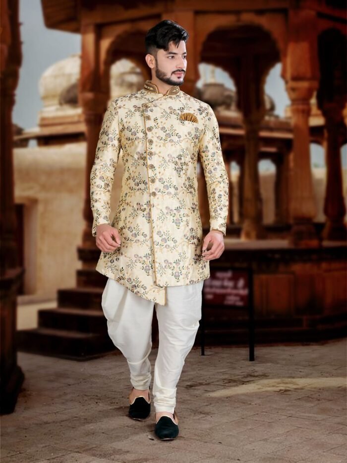Aesthetic Cream Silk Sherwani For Wedding - Image 1