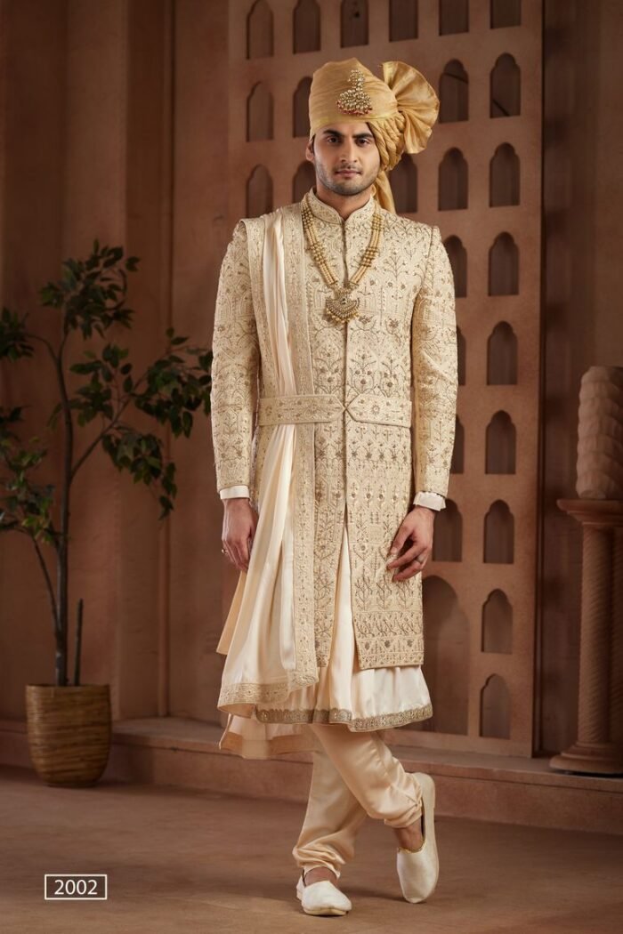 All Over Handwork Beige Sherwani With Anarkali Kurta - Image 1