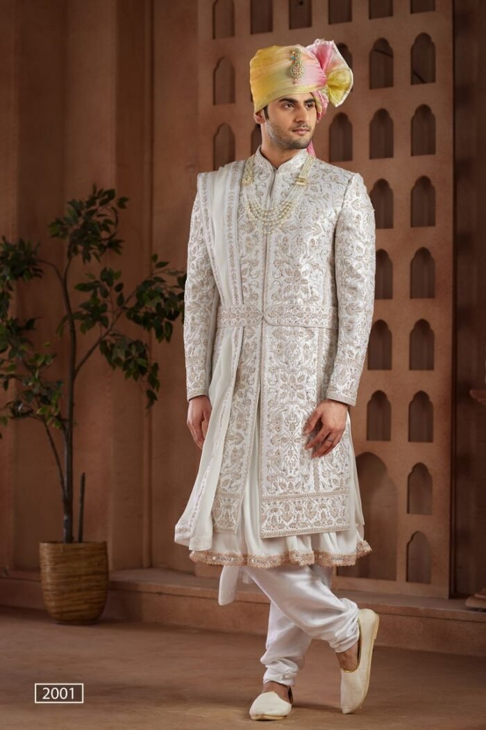 All Over Handwork White Sherwani With Anarkali Kurta - Image 1