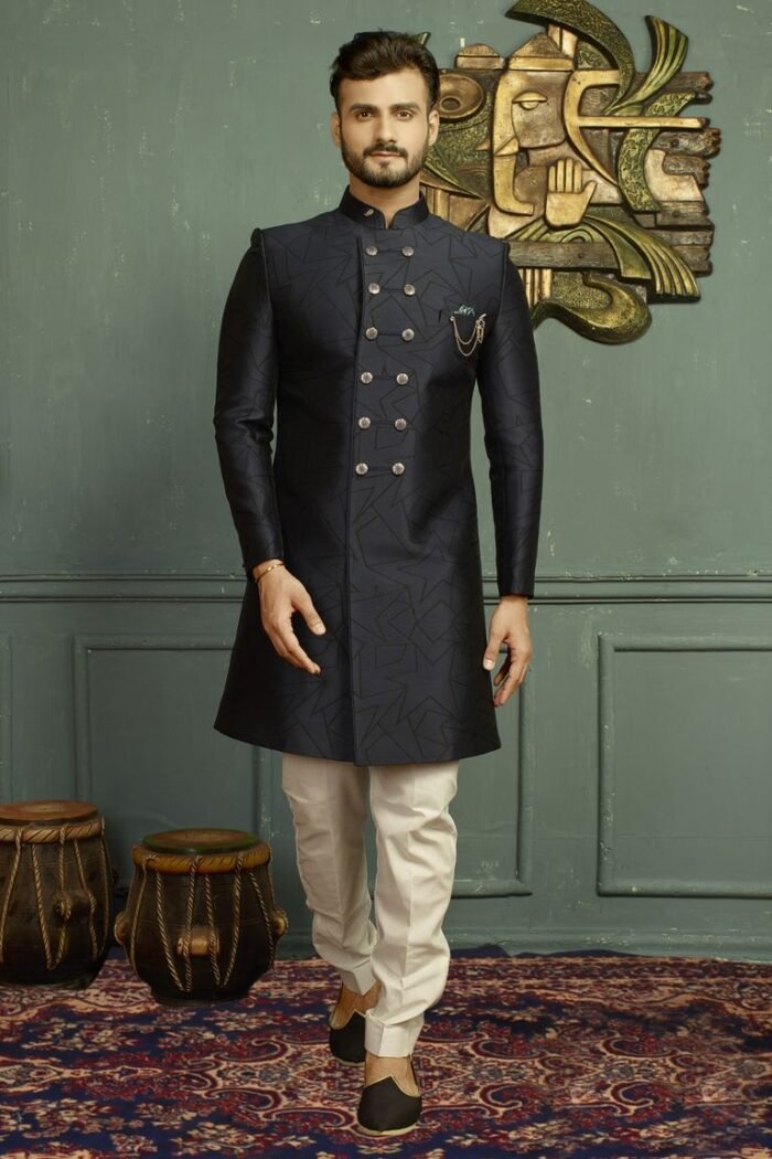 Alluring Blue Marriage Indo Western Sherwani - Image 1
