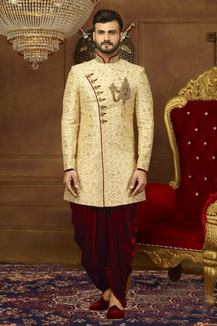 Alluring Cream And Maroon Silk Indo Western Sherwani - Image 1