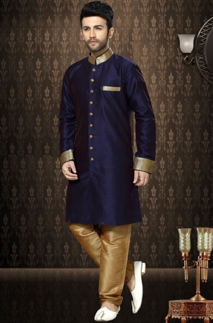 Alluring Party Look Navy Blue Indo Western Sherwani - Image 1