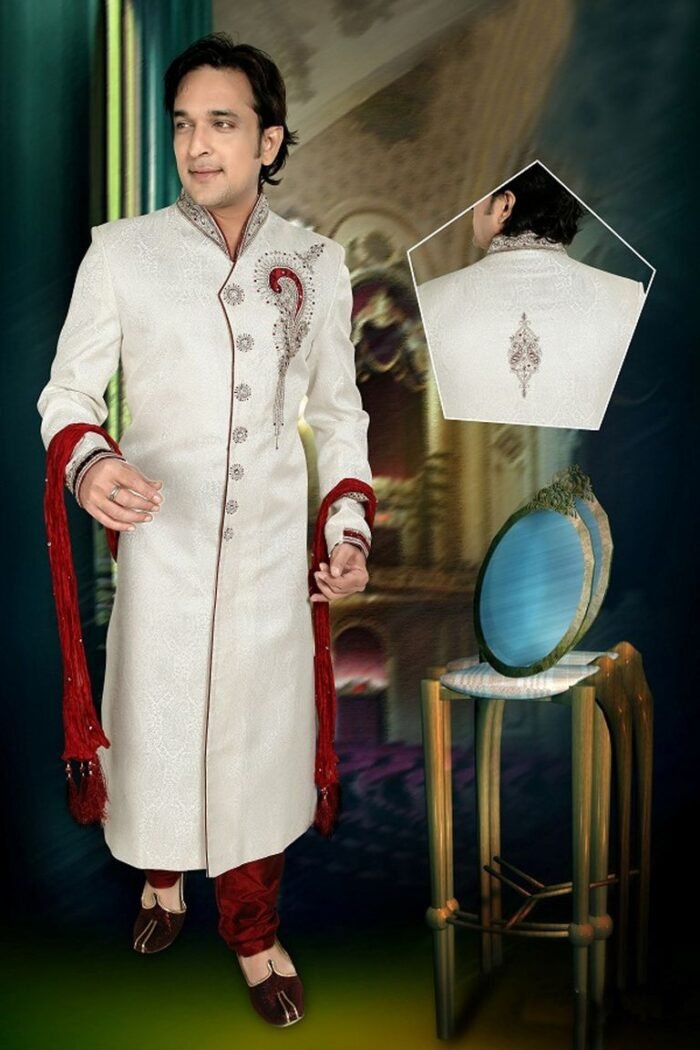 Antique White Color V Neck Royal Sherwani - Image 1