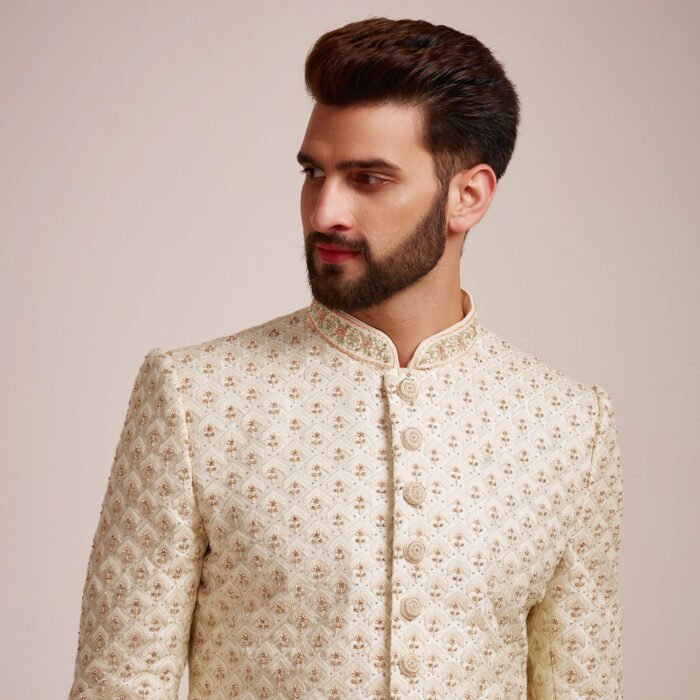 Beige Cream Patterned Sherwani Set - Image 1