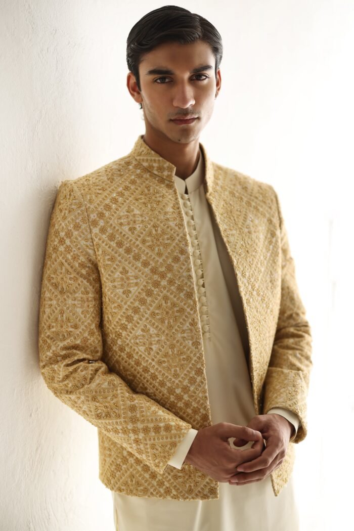 BEIGE SELF EMBOSSED FRONT OPEN PRINCE COAT - Image 1