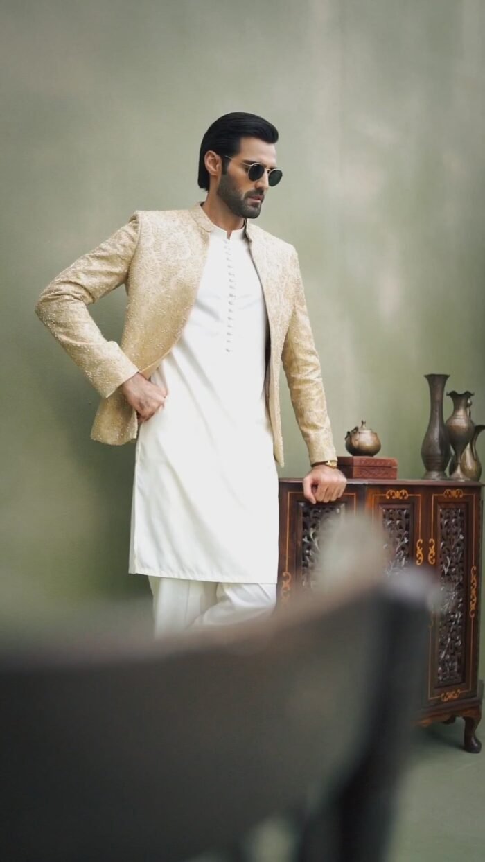 BEIGE SELF JAMAWAR CUTDANA FRONT OPEN PRINCE COAT - Image 1
