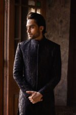 BLACK AND GOLD MESH SHERWANI - Image 2