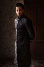 BLACK AND GOLD MESH SHERWANI - Image 4