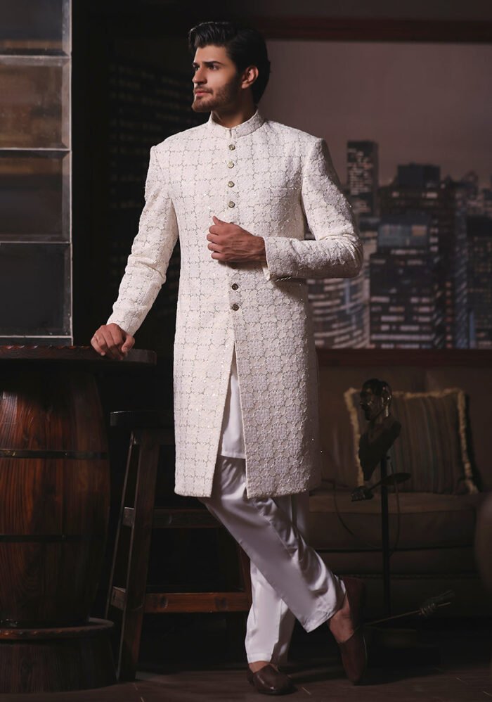 Classic Off White Cotton Net Traditional Embroidered Sherwani - Image 2