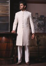 Classic Off White Cotton Net Traditional Embroidered Sherwani - Image 3