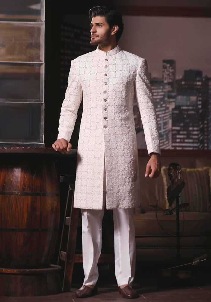 Classic Off White Cotton Net Traditional Embroidered Sherwani - Image 3