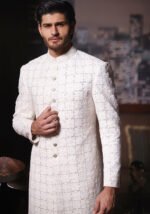 Classic Off White Cotton Net Traditional Embroidered Sherwani - Image 4
