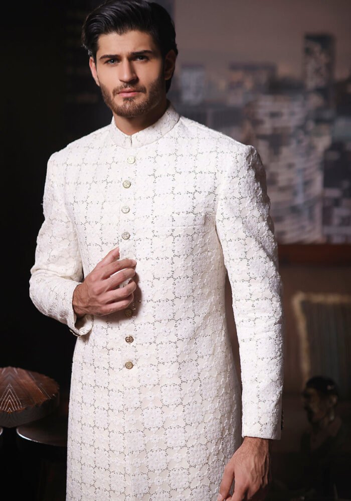 Classic Off White Cotton Net Traditional Embroidered Sherwani - Image 4