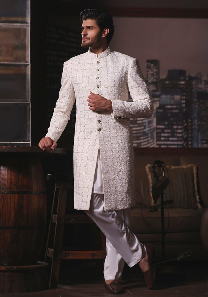 Classic Off White Cotton Net Traditional Embroidered Sherwani - Image 1