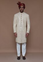 Cotton Net Cream Traditional Embroidered Couture Sherwani - Image 2