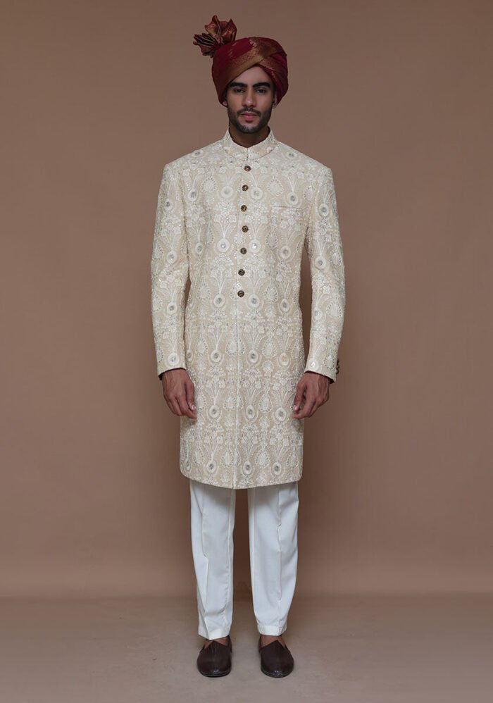 Cotton Net Cream Traditional Embroidered Couture Sherwani - Image 2