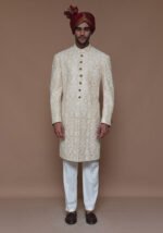 Cotton Net Cream Traditional Embroidered Couture Sherwani