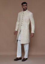 Cotton Net Cream Traditional Embroidered Couture Sherwani - Image 3