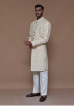 Cotton Net Cream Traditional Embroidered Couture Sherwani - Image 4