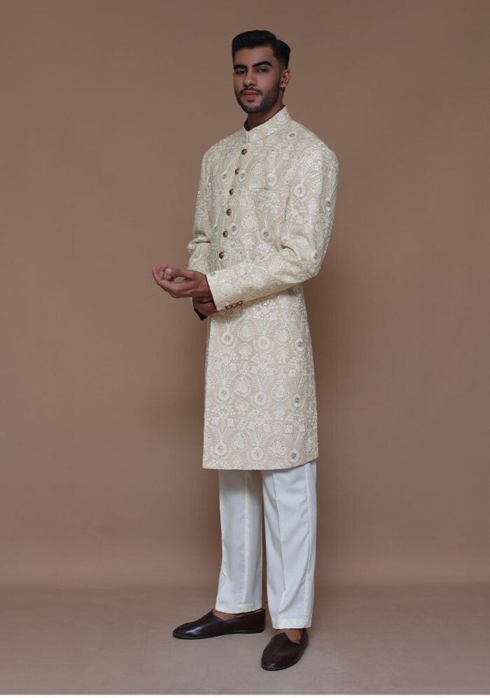 Cotton Net Cream Traditional Embroidered Couture Sherwani - Image 4