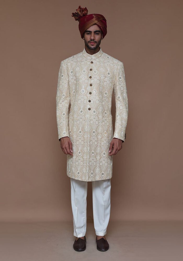 Cotton Net Cream Traditional Embroidered Couture Sherwani - Image 1