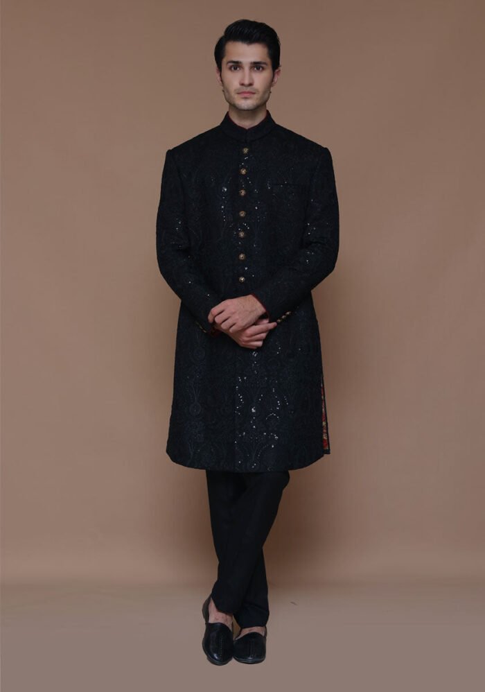 Cotton Net Tap Shoe Traditional Embroidered Couture Sherwani - Image 2