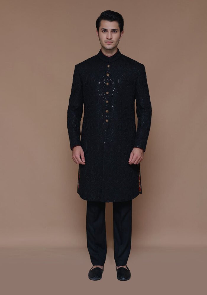 Cotton Net Tap Shoe Traditional Embroidered Couture Sherwani - Image 3