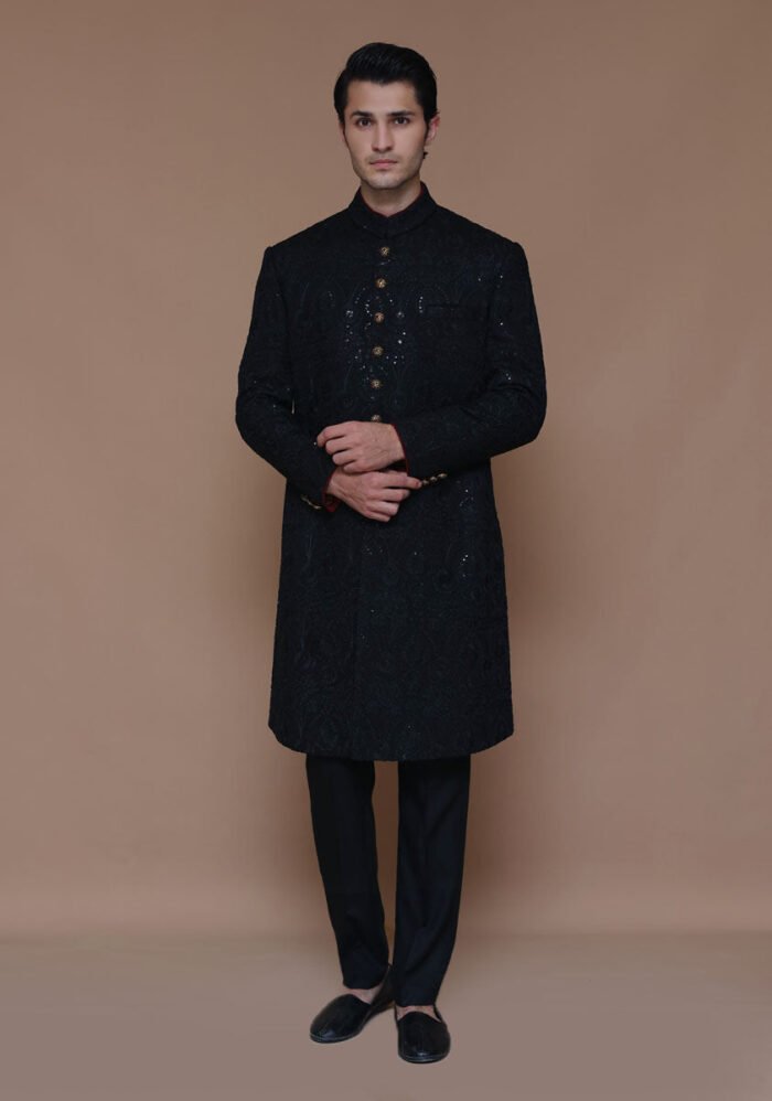 Cotton Net Tap Shoe Traditional Embroidered Couture Sherwani - Image 4