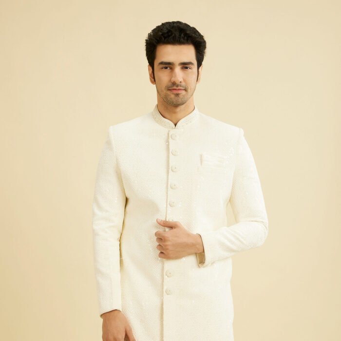 Cream White Honeycomb Patterned Sherwani Set with Sequin Work - Image 1