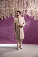 EMBROIDERED BEIGE SHERWANI - Image 3