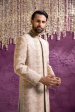 EMBROIDERED BEIGE SHERWANI - Image 4