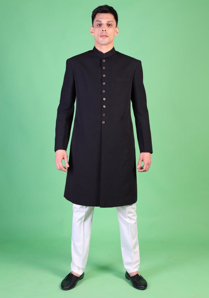 Georgette Black Traditional Plain Sherwani - Image 2