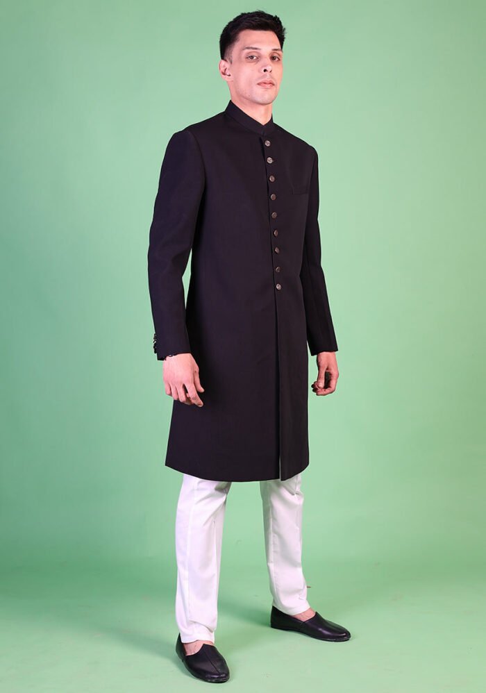 Georgette Black Traditional Plain Sherwani - Image 3