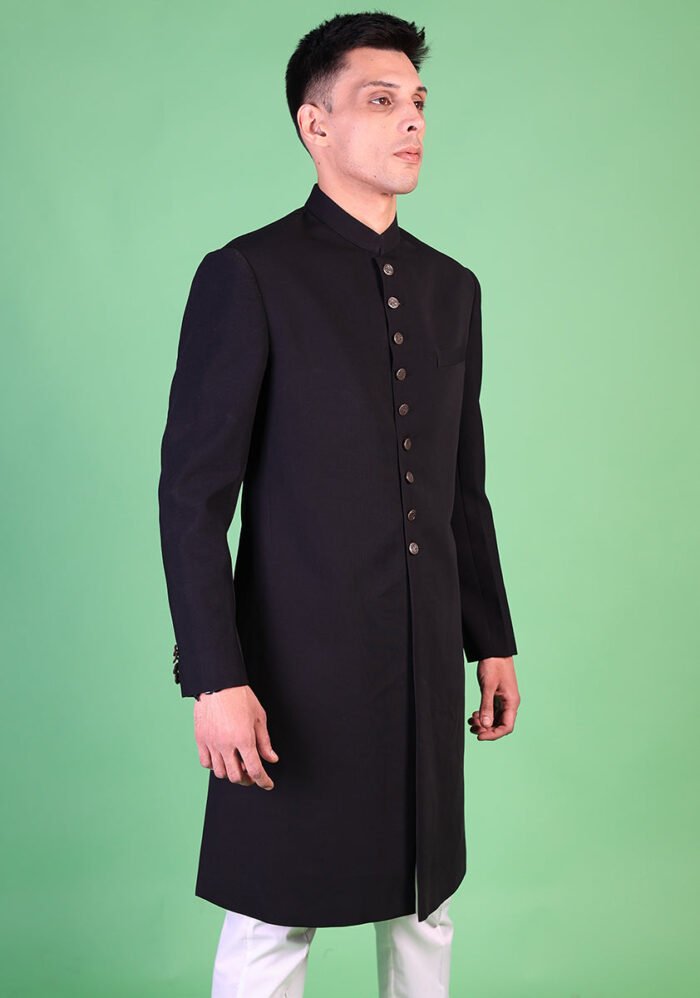 Georgette Black Traditional Plain Sherwani - Image 4