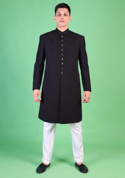 Georgette Black Traditional Plain Sherwani