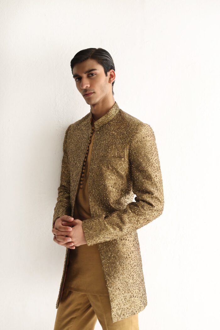 GOLDEN SELF EMBOSSED SHERWANI - Image 1