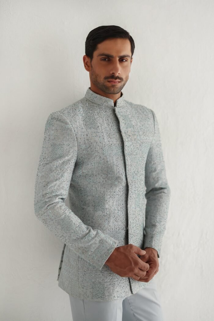 GREY SELF EMBOSSED PRINCE SUIT - Image 1