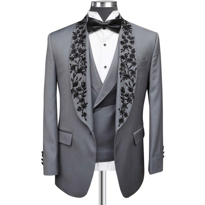 Grey Tuxedo with Black Embroidery lapel | Fit Guarantee - Image 1