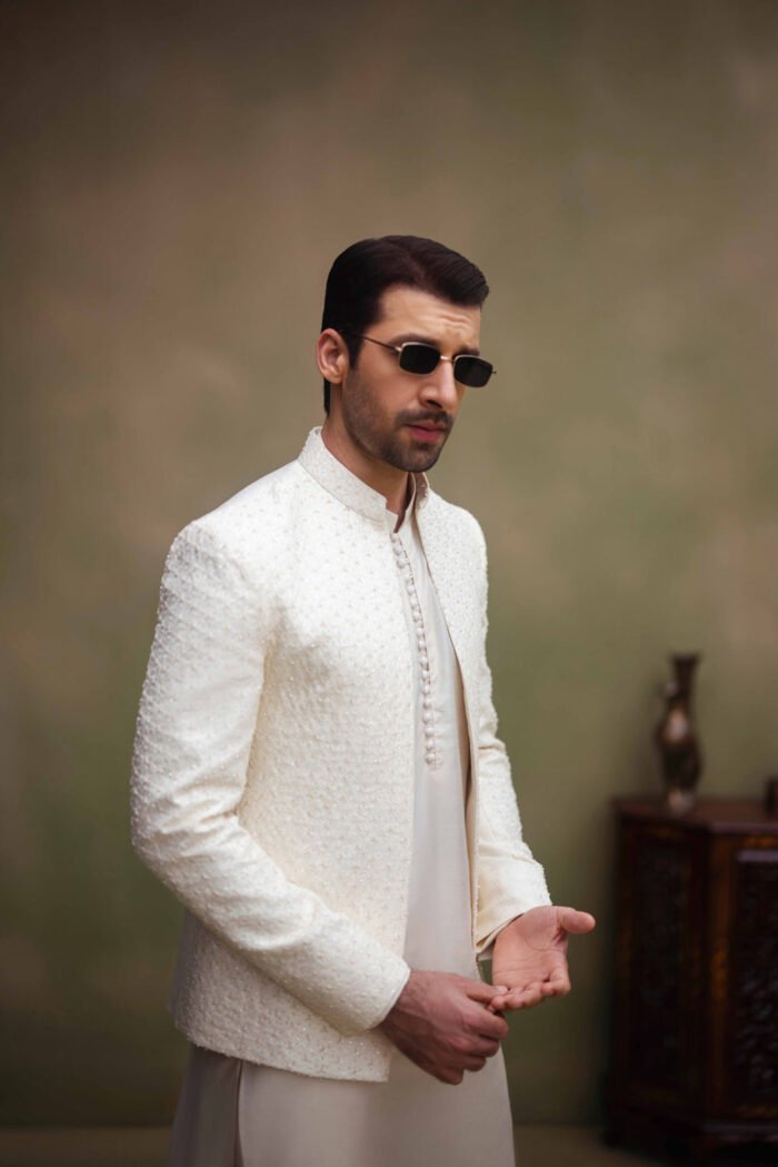 Ivory Self Handwork Cutdana Front Open Prince Coat - Image 1