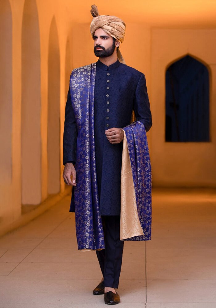 Outer Space Karandi Traditional plain Sherwani - Image 2