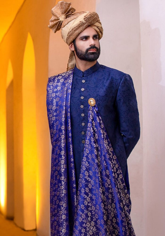 Outer Space Karandi Traditional plain Sherwani - Image 3