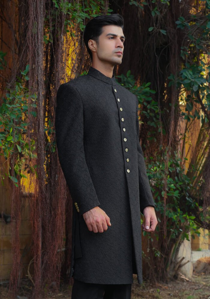 Premium Georgette Pirat Black Traditional Sherwani - Image 3