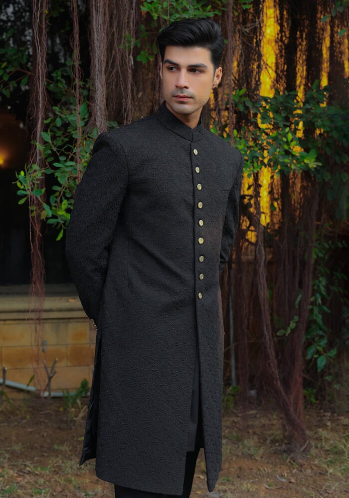 Premium Georgette Pirat Black Traditional Sherwani - Image 4
