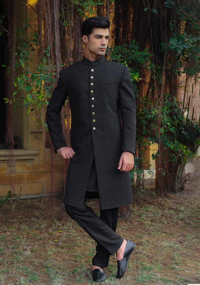 Premium Georgette Pirat Black Traditional Sherwani - Image 1
