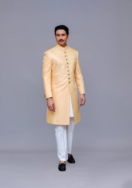 Premium Kambal Jamawar Almond buff Traditional Sherwani