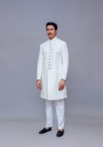 Premium Kambal Jamawar Bright White Traditional Sherwani - Image 2