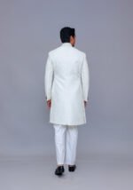 Premium Kambal Jamawar Bright White Traditional Sherwani - Image 3
