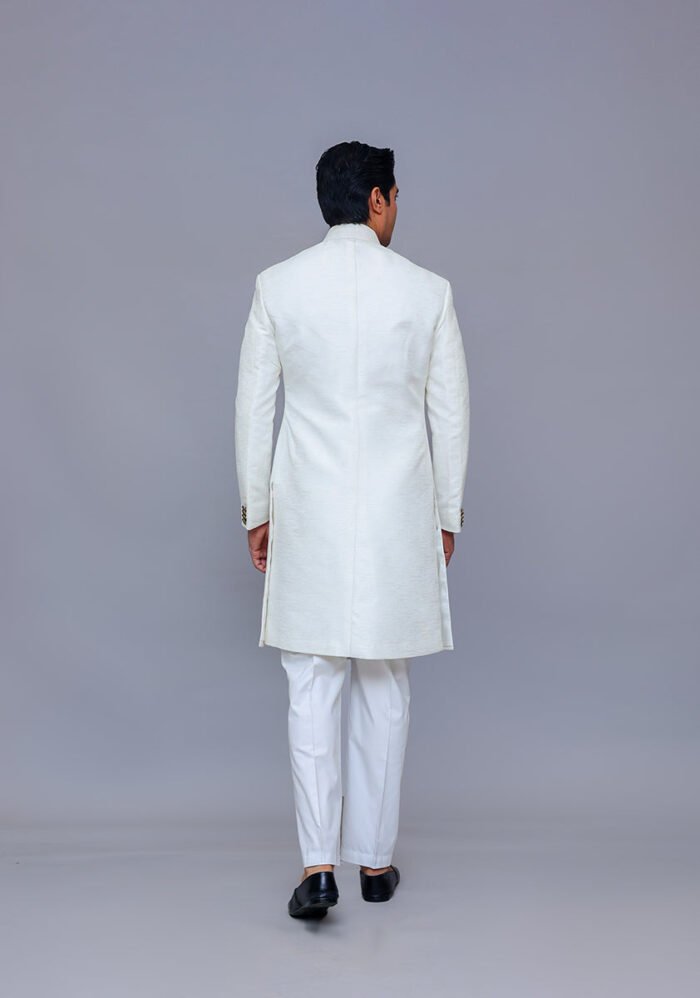 Premium Kambal Jamawar Bright White Traditional Sherwani - Image 3