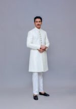 Premium Kambal Jamawar Bright White Traditional Sherwani - Image 4