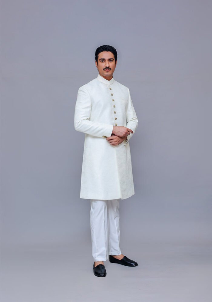 Premium Kambal Jamawar Bright White Traditional Sherwani - Image 4